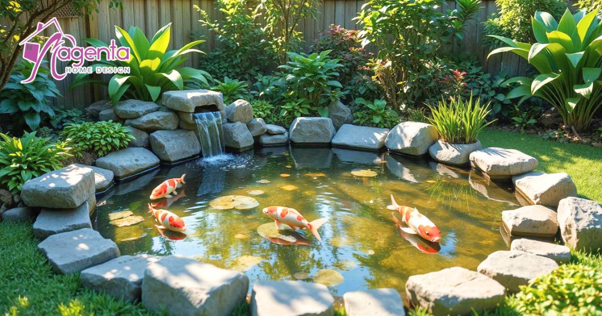 Kolam ikan mini dengan desain estetis untuk halaman yang lebih hijau dan segar di rumah minimalis.