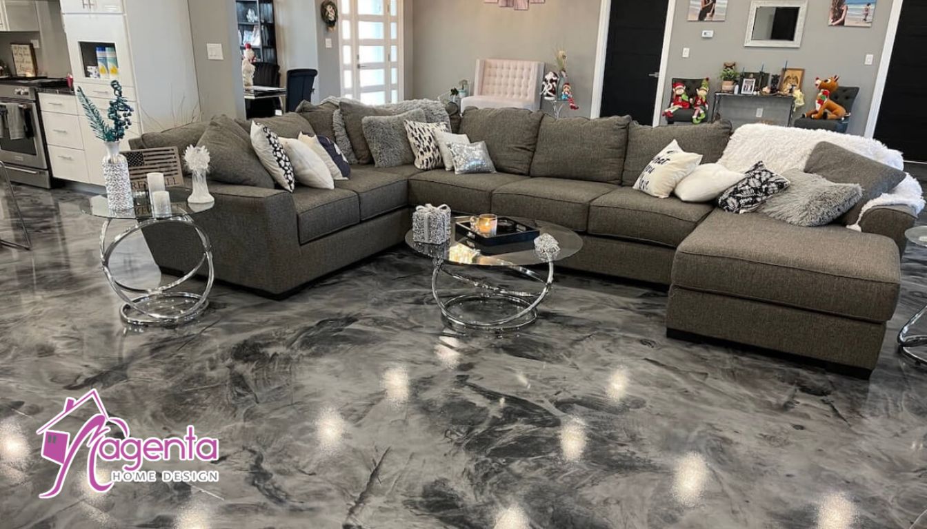 Lantai epoxy mewah di ruangan dengan pencahayaan hangat